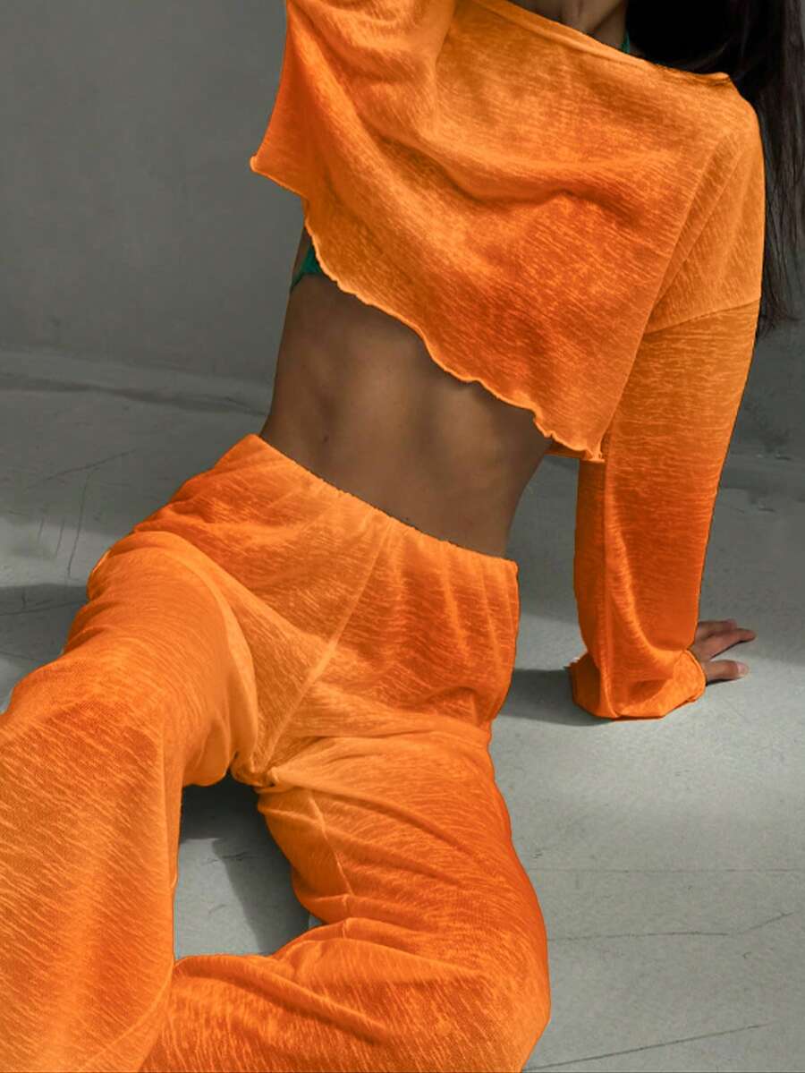 Set de 2 piezas de unicolor con top de manga larga de cuello redondo y pantalones, última , transpirables, cómodos, suaves, holgados y elásticos, adecuados para usar tanto en exteriores como en interiores, ropa de otoño