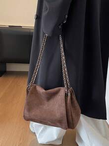 1 szt. Jesienno-zimowa torebka na ramię w kolorze brązowym w stylu vintage, z łańcuszkiem, modna faktura, damska, uniwersalna, codzienna torebka typu crossbody, odpowiednia na codzienne dojazdy do pracy, randki, prezent - Kawowy brązowy - Zobacz 4