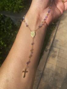 1pc Virgin Mary Rosary Beads Stainless Steel Cross Pendant Y Necklace For Women Religious Jewelry