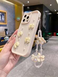 1pc Pink Bow Pearl Waist Chain Full Body Shockproof Phone Case, Compatible With IPhone 16/15 PRO MAX/15 PLUS/15 PRO/15/14 PRO MAX/14 PLUS/14 PRO/14/13 PRO MAX/13 PRO/13/12 PRO MAX/12 PRO/12 PRO MAX/11 PRO/11/XS MAX/XR/XS/7/8 PLUS, Transparent Protective Cover - Beige - View 3