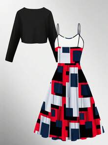 两件套 女士纯色长袖开衫和几何印花吊带连衣裙 春季 - 紅色 - 查看 2