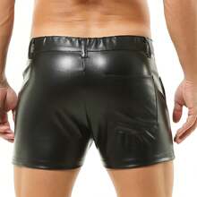Men's PU Leather Shorts Flat Front Boxer Short Pants Casual Straight Leg Hot Shorts With Pocket & Zipper - 3#亮黑色 - 查看 8
