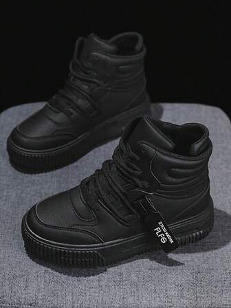 2025 New Thick Sole High-Top Casual Sneakers For Boys, White Unisex Classic Lace-Up Round Toe Breathable Non-Slip Durable Shoes For Kids, Suitable For Basketball, Street Wear