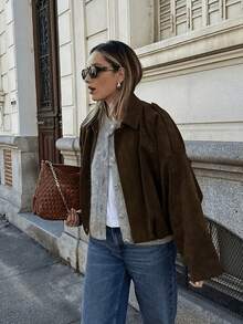 Women's Stylish And Elegant Four-Season Solid Lapel Front Buckle Bomber Jacket For Everyday Wear