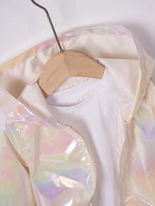 1pc Young Girl' Fashionable Short Jacket, Unisex Casual Iridescent Zipper Hooded Outerwear, Spring/Autumn