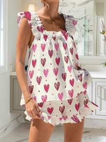 Womens Casual 2 Piece Outfits Sleeveless Graphic Print Ruffle Tank Tops + Shorts Set Streetwear - trắng - Xem 5