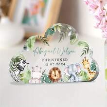 Presente Personalizado de Batizado Placa Acrílica em Formato de Nuvem com Animais, Lembrança Personalizada com Nome, Data, Menino ou Menina, Presente de Batismo