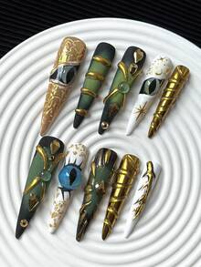 56 毫米超长细高跟指甲法式手工按压式指甲，多色指甲尖带有眼饰、水钻、闪粉、镜面粉、猫眼渐变、手绘万圣节主题 3D 设计，具有立体复合图案、撞色和混合创意元素 - 全覆盖人造 DIY 光泽假指甲套装 10 件/包美甲用品美甲 - 彩色 - 查看 5