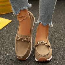 Women Flat Round Toe Slip On Loafer Shoes Low Heel Wedge Buckle Soft Bottom - Lạc đà - Xem 6