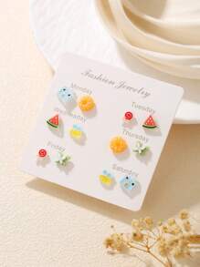 6/7 Pares de Brincos Conjunto Colorido de Borboleta, Coração, Flor, Nuvem, Melancia, Cereja, Pentagrama, Geométrico, Adequado para Amigos, Uso Diário