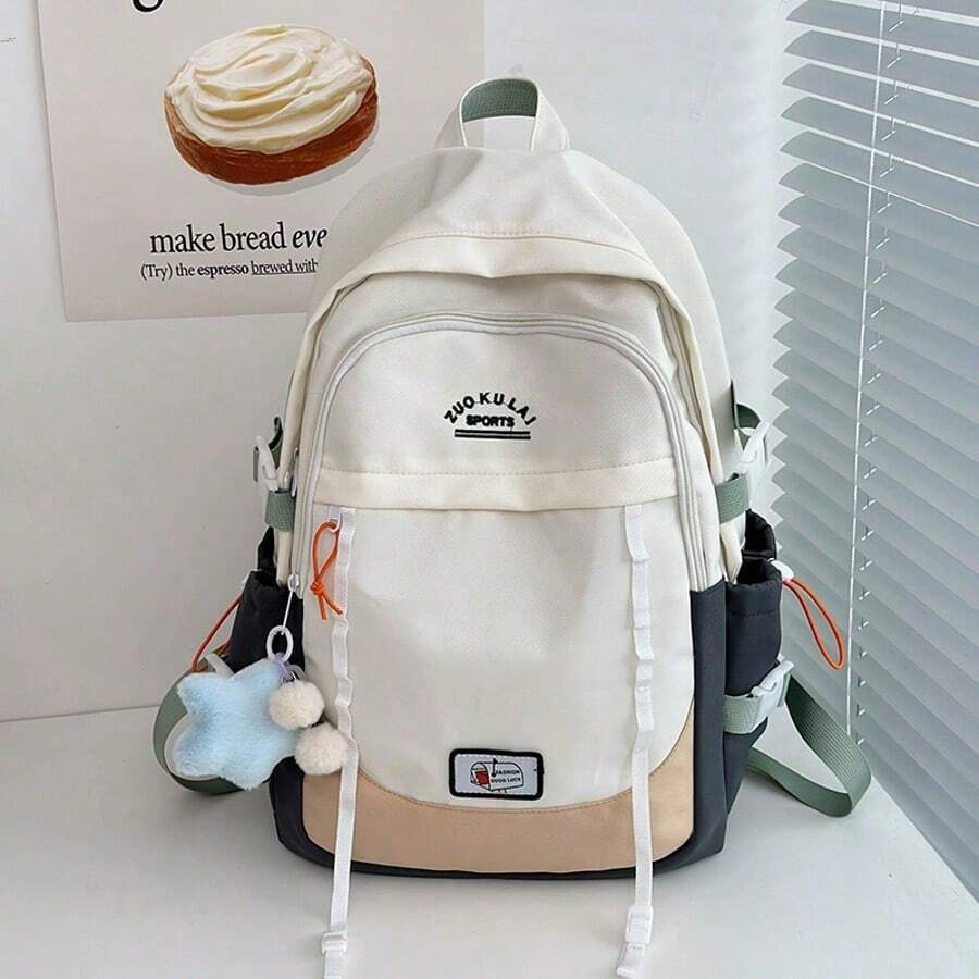 Un bolso de hombro de estilo sencillo y alta calidad, con un diseño de mochila de gran capacidad, satisface las necesidades de almacenamiento de libros de los estudiantes. Ideal para viajes y el ocio diario, es una opción ideal para estudiantes. - Blanco - Ver 1