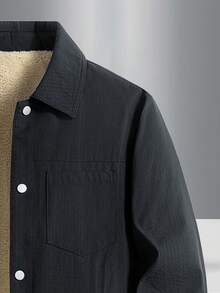 Jachetă căptușită termic pentru adolescenți, toamnă/iarnă, culoare uni minimalistă la modă, cu buzunar frontal, buzunare laterale clasice, accent imprimat cu litere, haină versatilă pentru exterior, casual, cu guler răsturnat - Negru - Vizualizare 4