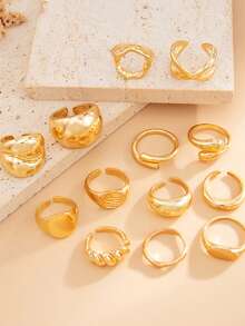 Juego de 13 piezas de anillos de nudillo con gota de agua brillante estilo Ins, anillos de metal líquido arrugado asimétrico cruzado, adecuado para fiesta, regalo, uso diario - Dorado - Ver 4