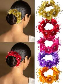 1件装女士春夏新款纯色仿布花朵发圈，适合海滩、夏威夷度假、日常佩戴、丸子头造型、节日、派对、送礼、秋季穿搭，发绳马尾辫头饰 - 彩色 - 查看 12