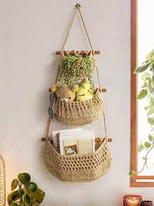 1 juego de bolsas colgantes tejidas a mano de 3 capas, estante de cocina, estante de almacenamiento de frutas y artículos diversos para la puerta de la pared, canasta colgante de cuerda de algodón, estante colgante de pared de 3 capas, bolsas colgantes de almacenamiento de artículos diversos - Marrón - Ver 7