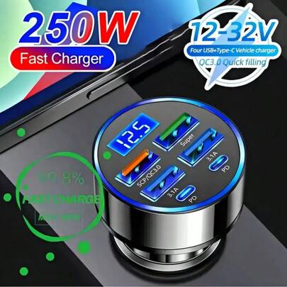Ultra-Fast Dual PD USB & Type-C Car Charger With Digital Display, 12-24V Wide Voltage, Overcharge Protection, Car Plug Powered - Universal For Smartphones, Portable Compact Design