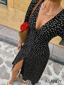 Women's Deep V-Neck Polka Dot Mid-Sleeve Button Front Casual Dress - Black - View 3