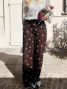 Women's Versatile Comfortable Polka Dot Zipper Long Pants, Straight Leg Y2K Style Trousers - Coffee Brown - View 5