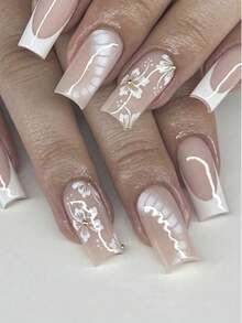 10 pezzi di unghie finte indossabili, dipinte a mano con motivo coccodrillo e fiori francesi, per uso quotidiano e pendolarismo, lunghezza media quadrata con effetto sfumato, unghie lucide e carine per signore, adatte per feste, balli, uso quotidiano, delicate ed eleganti, unghie finte per ragazze carine, copertura completa, accessori per unghie