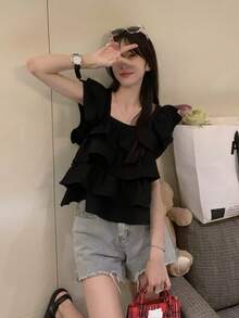 Áo nữ không tay cổ vuông, kiểu dáng thường ngày, xếp tầng, bèo nhún phía trước, cài nút, thích hợp cho mùa xuân/hè. - màu đen - Xem 2