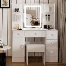 Tocador con taburete y luz LED ajustable, espejo y cajón - Perfect For Organizing Makeup, Skincare, Elegant Vanity|Decorative Vanity, Vanity Furniture, Compact For Small Space, Bedroom Decor Gift, Perfect Gift For Women Girls , Ideal para regalos de Navidad y Halloween. - Blanco - Ver 1