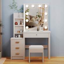 Dressing Table With Mirror And Lighting, Makeup Dressing Tables With 4 Drawers, 4 Open Shelves For Bedroom, Dressing Table Set With Lights And Stool 3 Concealed Shelves - White - View 4