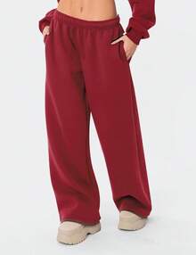 Women's Fleece Lined Wide Leg Thermal Winter Warm Baggy Sweatpants With Pockets - 紅色 - 查看 3