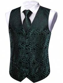 Formal Men Vest V-Neck Suit Vests Tie Bowtie Set Paisley Jacquard Waistcoat Clip Hanky Cufflink Lapel Pin Wedding 8PCShalloween - 綠色佩斯利花紋 - 查看 10