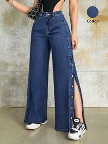 时尚复古侧开衩纽扣门襟阔腿牛仔裤，适合春夏秋冬、返校、晚宴和休闲装 - 藍色 - 查看 4