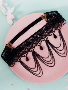 1pc Gothic Lace Leg Strap And Bracelet Retro Black Crystal Hollow Garter Strap Halloween Decoration Accessory - Black - View 7