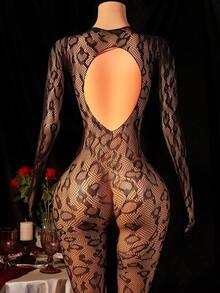 1pc Women's Sexy Lingerie Fishnet Bodystocking, Solid Leopard Print Sheer Long Sleeve Backless Bodysuit, Bikini Cover Up Sexy Romper Without Lining, Sexy Party Costume For Valentine's Day - Black - View 3