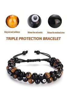 8mm三重保護手環黑曜石虎眼石赤鐵礦石治療水晶手鐲珠寶禮物