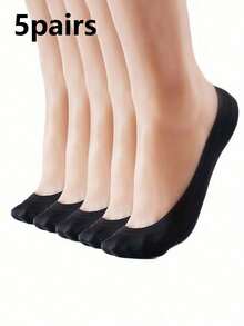 5 pares de meias femininas finas de cor sólida, macias e confortáveis, meias casuais minimalistas invisíveis, adequadas para uso profissional e diário, verão - Preto - Ver 3