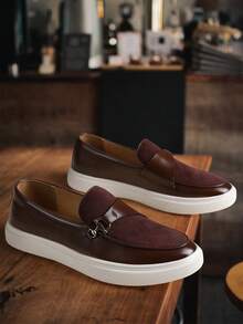 Men's Slip-On Loafers With Buckle Decor, Solid Color Round Toe, Thick Sole, Casual Flat Shoes, Minimalist Style, Suitable For Daily Wear And Streetwear, All Season, Black PU Leather - Black - View 1