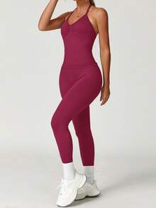 Yefecy 2Pcs Impact Gym Set For Women,Backless Tank Tops High Waist Scrunch Seamless Leggings Gym Suit Fitness Clothes Activewear Workout Sets - Burgundy - View 5