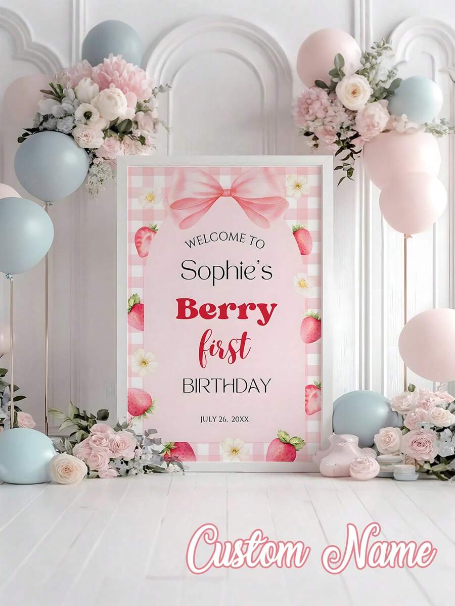 1件装 - 草莓主题定制一周岁生日海报，草莓一周岁生日欢迎牌，可编辑粉色蝴蝶结，草莓一周岁生日海报，可打印生日派对海报，已购买商品，草莓生日派对装饰，可定制姓名欢迎牌，甜蜜浆果，浆果主题一周岁生日派对装饰，草莓主题生日派对装饰海报 - 彩色 - 查看 1