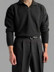 男士复古风格，老钱风格，Polo 领，纯色长袖衬衫，百搭休闲风格，四季风格。