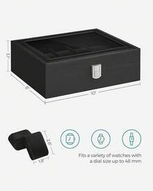 SONGMICS Watch Box, 12-Slot Watch With Large Glass Lid, Removable Watch Pillows, Watch Box Organizer, Loved Ones, Black Synthetic Leather, Gray UJWB12BK - Đen + Đen - Xem 6