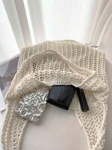 Leisure Large Capacity Woven Bag Hollow Design Knitted Shoulder Bag Holiday Beach Shopper Tote For Women Travel Women Crochet Tote Bag Hollow Beach Bag Large Capacity Fashion Knitted Bag Solid Color Simple Shopping Bag For Travel Vacation