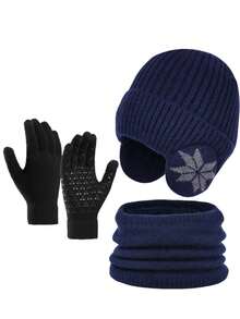 4pcs Winter Knitted Beanie Hat, Scarf & Touch Screen Gloves Set, Warm Lined Skull Cap Neck Warmer For Boys & Girls - Multicolor - View 3