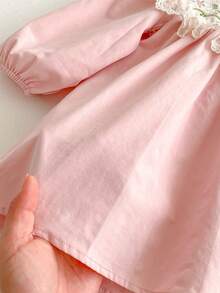 1 pieza Vestido casual cómodo de manga larga con cuello alto, bordado y con ribete de encaje en color rosa para niñas, otoño - Rosa Oxidada - Ver 6