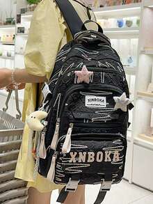 适合初中/高中学生的可爱背包，多隔层，轻便大容量 - 黑色 - 查看 6