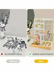 1pc Elegant Jewelry Organizer, 4-Tier Earring Holder With 48 Holes, 6 Hooks Necklace Storage, Stylish Wood Box For Bracelets & Rings, Perfect Gift For Mother's Day, Preppy Room Dr, Ideal For Valentine's Day, Thanksgiving, And Christmas Celebrations, Enhance Your Space With Functional And Chic Accessories, Must-Have For Fashion Lovers And Jewelry Enthusiasts, Organize Your Treasures In Style, Perfect For Gifting And Personal Use, Elevate Your Home Dr With This Versatile Jewelry Storage Solution.,Room Décor - Multicolor - View 3