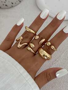 6 件套 Ins 风格亮面水滴拥抱开口戒指，液态金属皱纹不对称交叉指环，适合派对、礼物、日常佩戴 - 金色 - 查看 1