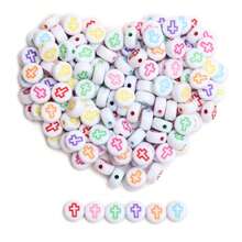 200/600 cuentas acrílicas cuadradas de 6 mm y redondas planas de 7 mm con diseño de cruz, cuentas espaciadoras sueltas para hacer joyas, pulseras y accesorios. - Fondo blanco con caracteres coloridos/círculo plano - Ver 3