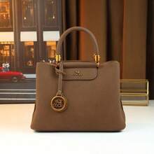 秋冬优雅女士手提包，成熟淑女托特包，棕色单肩包，通勤包，可斜挎，带铭牌吊饰 - 咖啡 - 查看 14