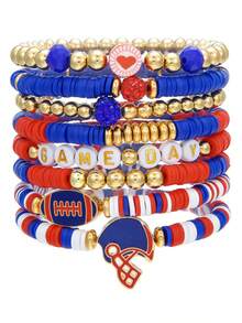 比赛日手链 女士足球手链 红黑蓝 聚合物粘土串珠弹力手链 可叠戴 运动足球手链 手镯 足球妈妈配饰 服装 珠宝礼品