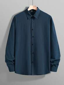 老钱风格男士衬衫 - 简约长袖纽扣衬衫，亚麻棉混纺面料 | 透气商务休闲及办公衬衫 | 经典纯蓝色上衣 | 男士圣诞礼物