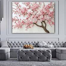 1pc Elegant Pink Cherry Blossom Textured Canvas Wall Art, Modern Floral Tree Painting Print For Living Room Bedroom Decor, Beautiful Spring Nature Botanical Artwork Accent, Stretched Gallery Wrap Home Decoration. - 彩色 - 查看 4