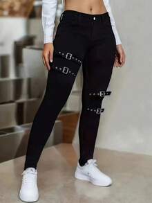 Quần jean denim màu tương phản phong cách miền Tây dành cho nữ, khóa cài hình trăng lưỡi liềm, màu đen - than đen - Xem 4